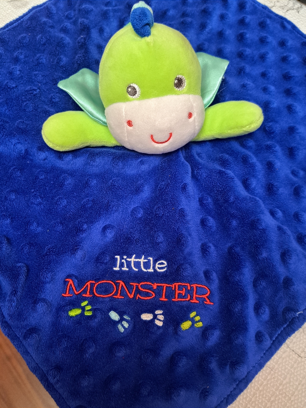 Blue "Little Monster" Plush Lovey Minky with Green Dragon  Baby Starters